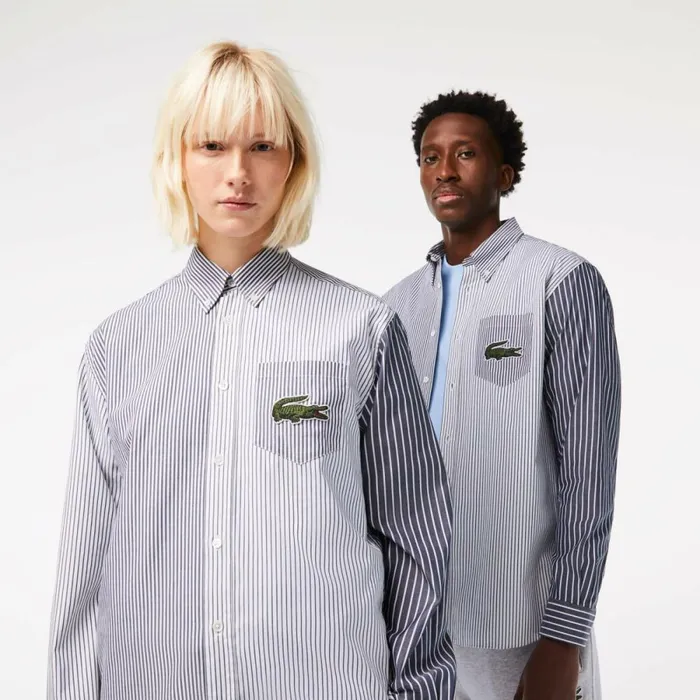 Button Down Shirts MenWomen Lacoste Unisex Large Croc Striped Cotton Shirt White Navy Blue 522