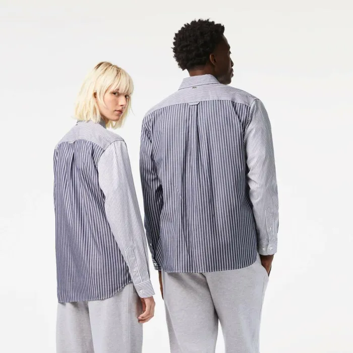 Button Down Shirts MenWomen Lacoste Unisex Large Croc Striped Cotton Shirt White Navy Blue 522