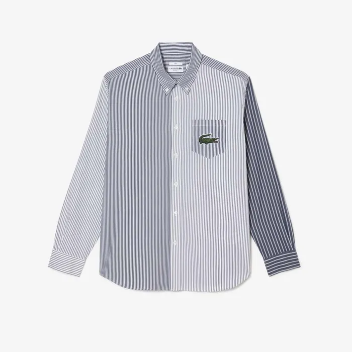Button Down Shirts MenWomen Lacoste Unisex Large Croc Striped Cotton Shirt White Navy Blue 522