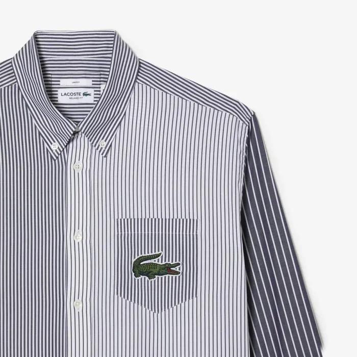 Button Down Shirts MenWomen Lacoste Unisex Large Croc Striped Cotton Shirt White Navy Blue 522