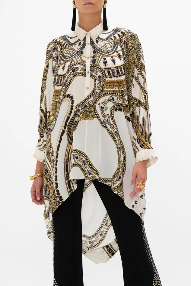 BUTTON UP TOP WITH DRAPED BACK GODDESS ENERGY Goddess Energy Womens Camilla Blouses and Shirts