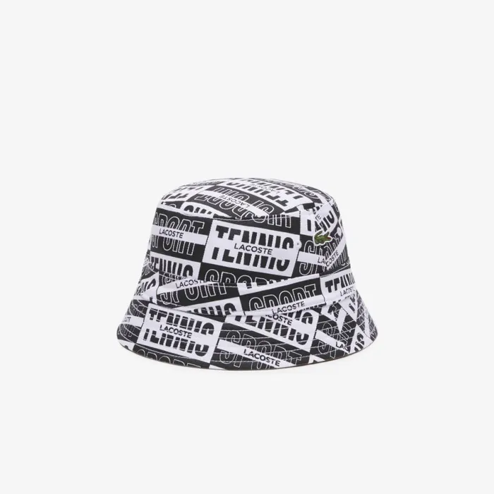 Caps and Hats MenWomen Lacoste Unisex Reversible Printed Cotton Bucket Hat Beige White Black Pci
