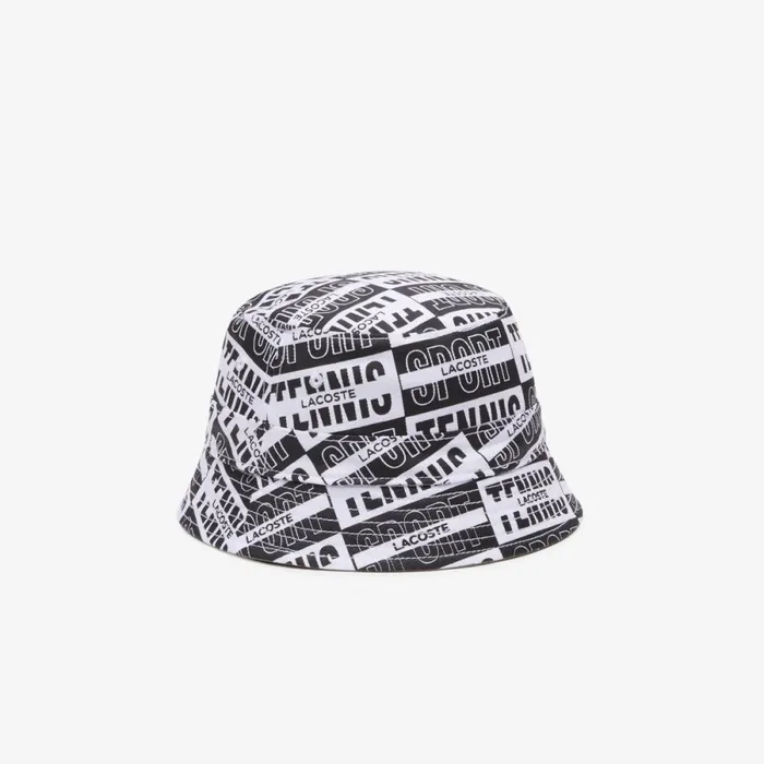 Caps and Hats MenWomen Lacoste Unisex Reversible Printed Cotton Bucket Hat Beige White Black Pci