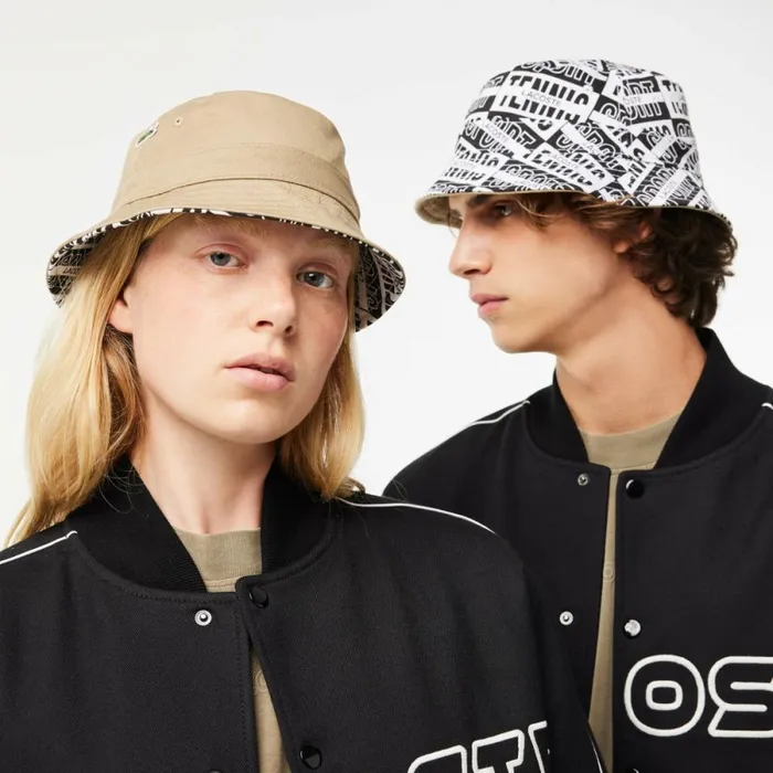 Caps and Hats MenWomen Lacoste Unisex Reversible Printed Cotton Bucket Hat Beige White Black Pci