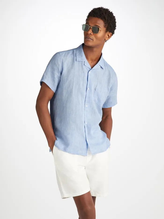 Casual Shirts Men Derek Rose Short Sleeve Shirt Monaco Linen Blue