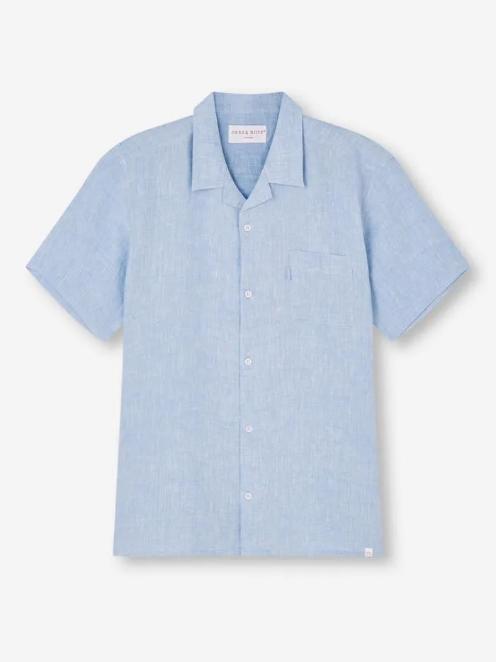 Casual Shirts Men Derek Rose Short Sleeve Shirt Monaco Linen Blue