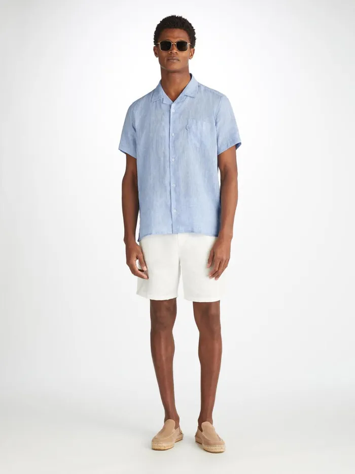Casual Shirts Men Derek Rose Short Sleeve Shirt Monaco Linen Blue