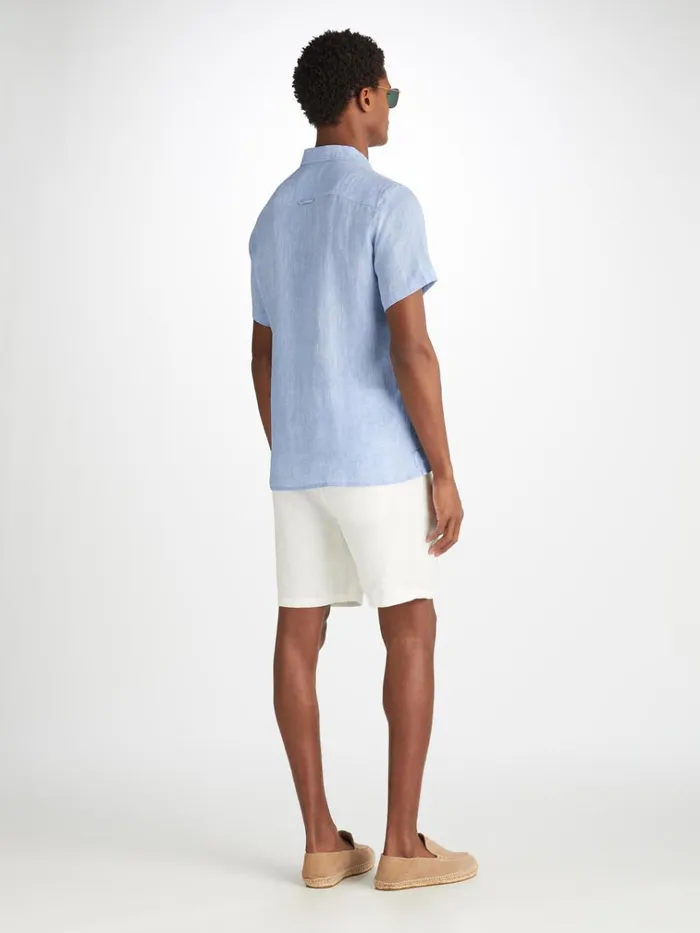 Casual Shirts Men Derek Rose Short Sleeve Shirt Monaco Linen Blue