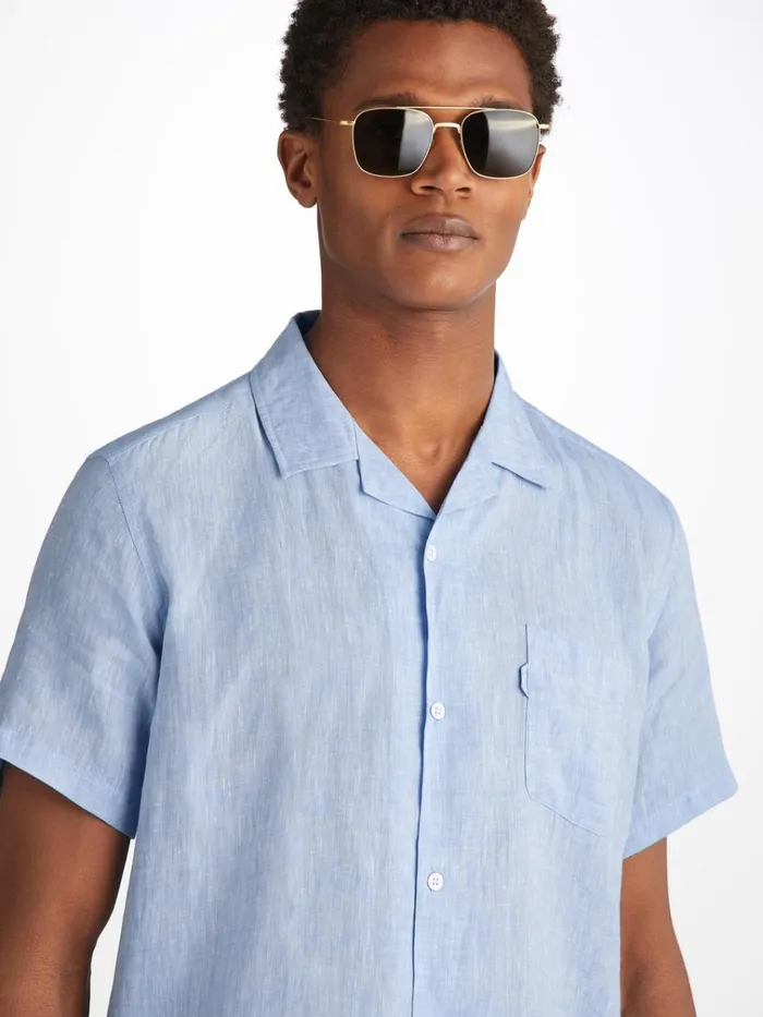 Casual Shirts Men Derek Rose Short Sleeve Shirt Monaco Linen Blue