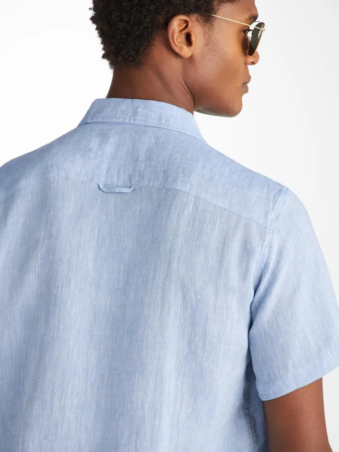 Casual Shirts Men Derek Rose Short Sleeve Shirt Monaco Linen Blue