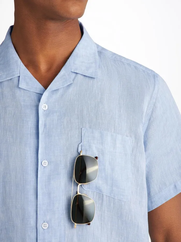 Casual Shirts Men Derek Rose Short Sleeve Shirt Monaco Linen Blue