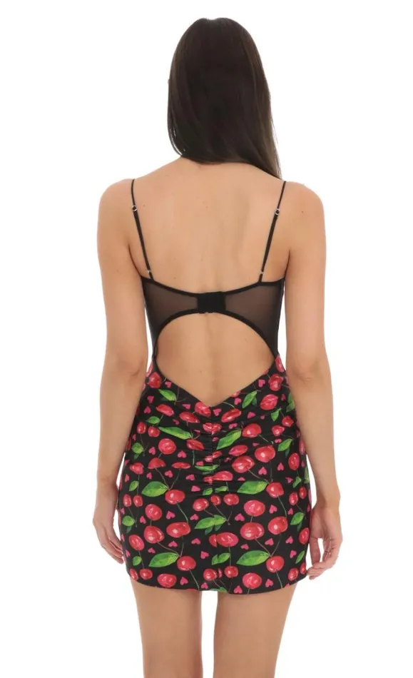 Cherry Print Bodycon Dress Black Women LUCY IN THE SKY Mini Dresses