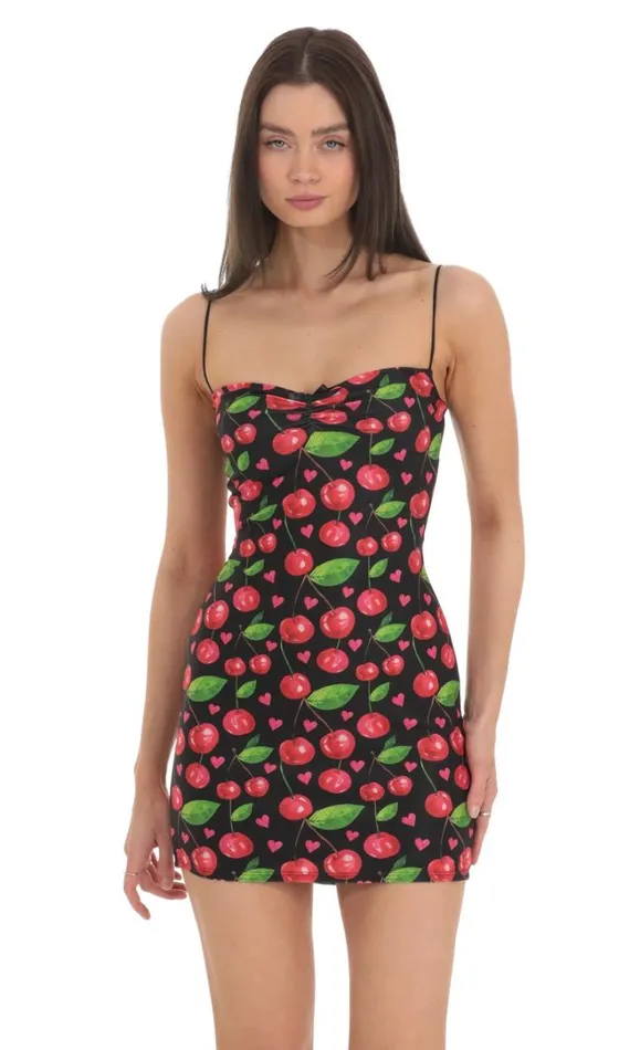Cherry Print Bodycon Dress Black Women LUCY IN THE SKY Mini Dresses Cherry Print Bodycon Dress Black Women LUCY IN THE SKY Mini Dresses