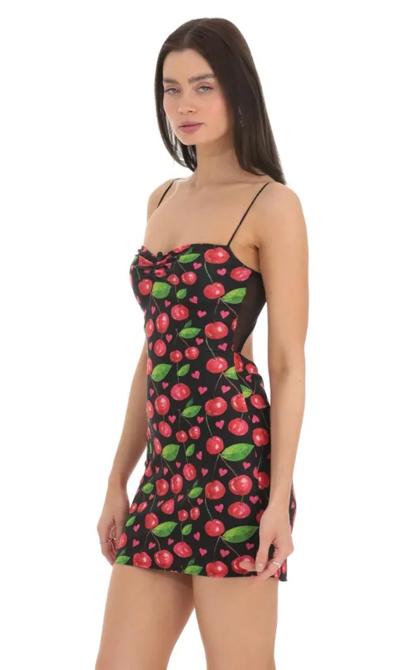 Cherry Print Bodycon Dress Black Women LUCY IN THE SKY Mini Dresses Cherry Print Bodycon Dress Black Women LUCY IN THE SKY Mini Dresses