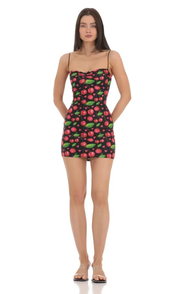 Cherry Print Bodycon Dress Black Women LUCY IN THE SKY Mini Dresses Cherry Print Bodycon Dress Black Women LUCY IN THE SKY Mini Dresses