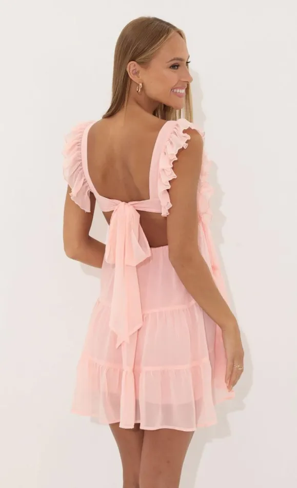 Chiffon Baby Doll Ruffle Dress Pink Women LUCY IN THE SKY Mini Dresses