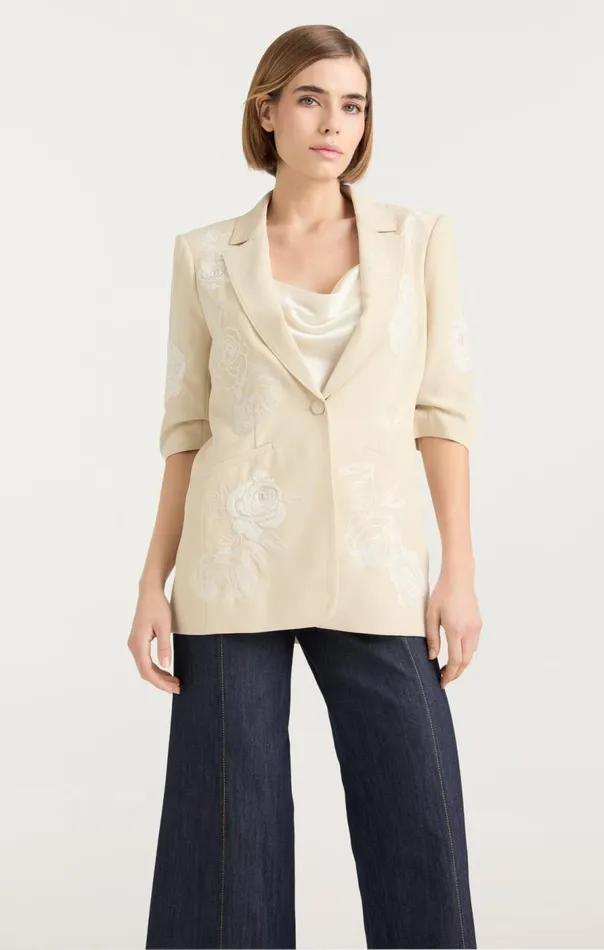 Cinq Sept Floating Roses Embellished Short Sleeve Khloe Blazer Plasterivory Women Blazers