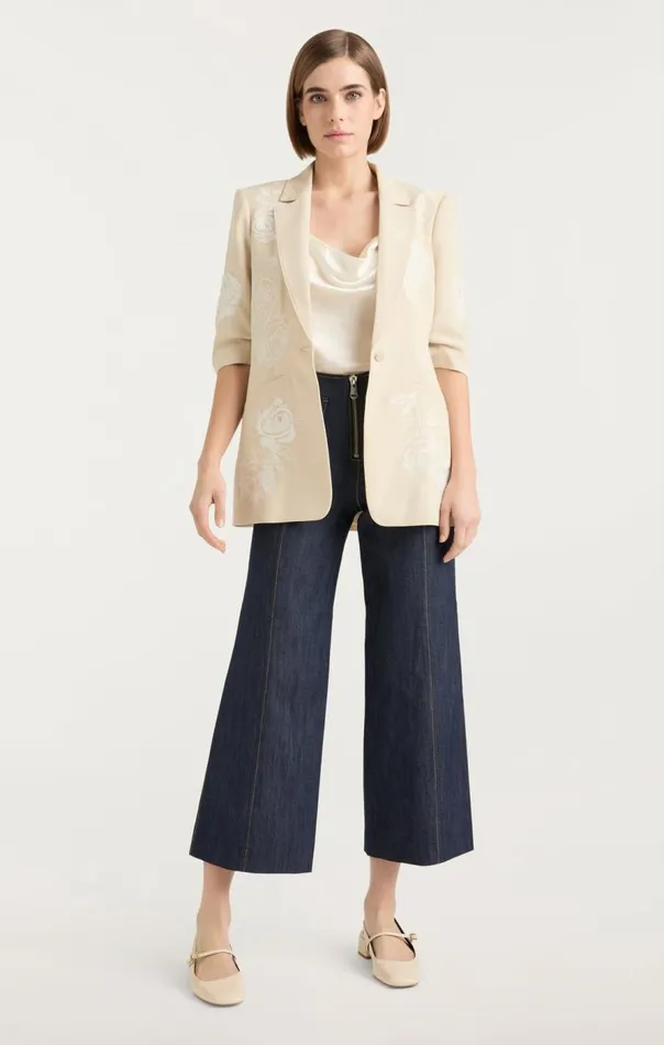 Cinq Sept Floating Roses Embellished Short Sleeve Khloe Blazer Plasterivory Women Blazers