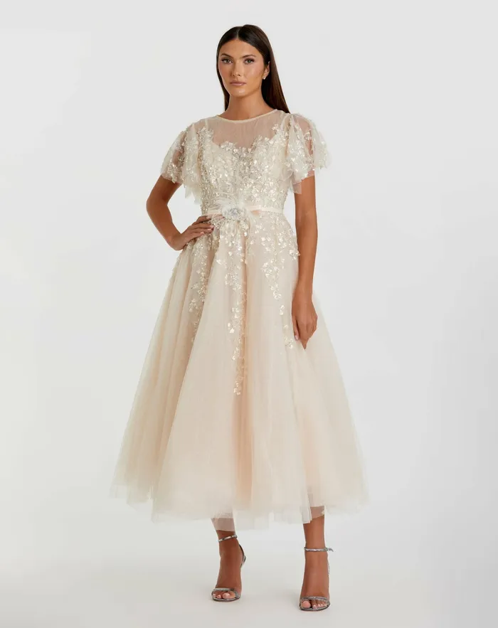 Cocktail Dresses Embellished Flutter Sleeve Bow Waist A Line Dress Nude 8211 Mac Duggal Women Cocktail Dresses Embellished Flutter Sleeve Bow Waist A Line Dress Nude 8211 Mac Duggal Women