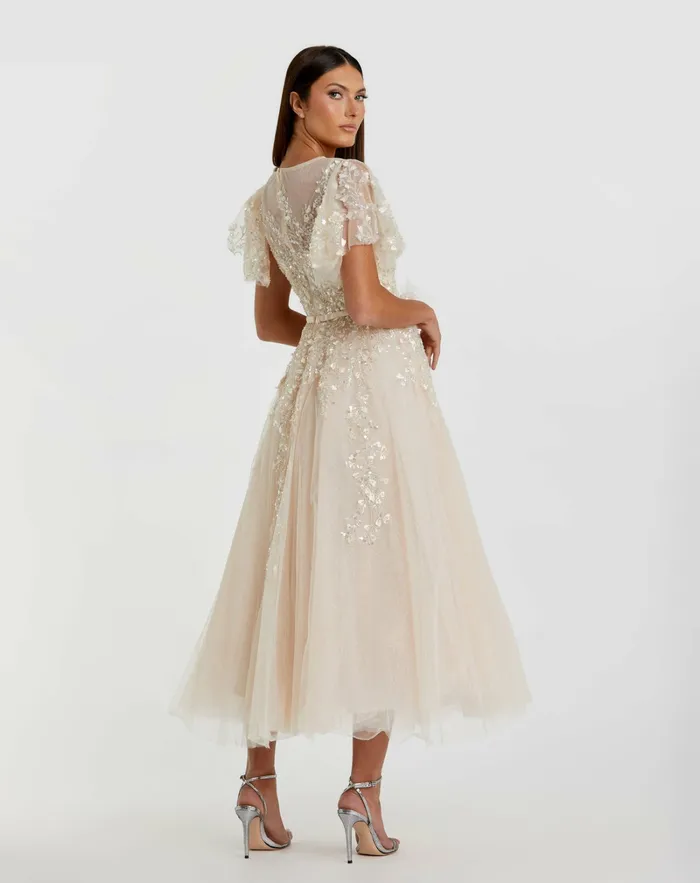 Cocktail Dresses Embellished Flutter Sleeve Bow Waist A Line Dress Nude 8211 Mac Duggal Women Cocktail Dresses Embellished Flutter Sleeve Bow Waist A Line Dress Nude 8211 Mac Duggal Women