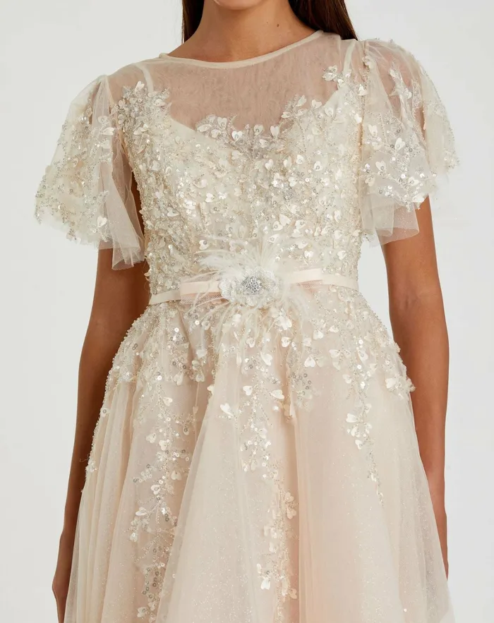 Cocktail Dresses Embellished Flutter Sleeve Bow Waist A Line Dress Nude 8211 Mac Duggal Women Cocktail Dresses Embellished Flutter Sleeve Bow Waist A Line Dress Nude 8211 Mac Duggal Women