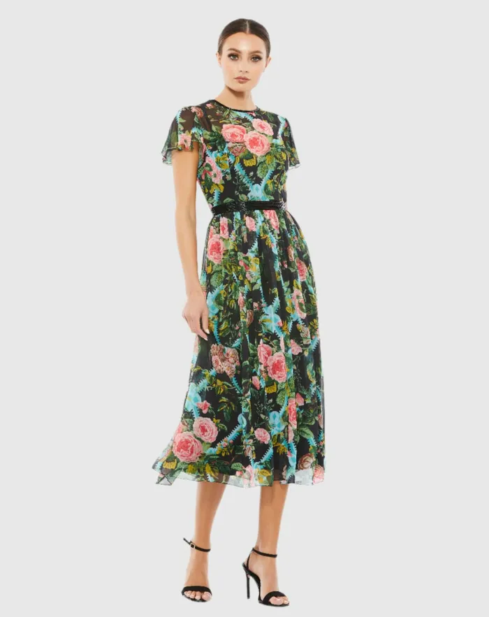 Cocktail Dresses Mac Duggal Women Floral Illusion Cap Sleeve Midi Dress Black Multi