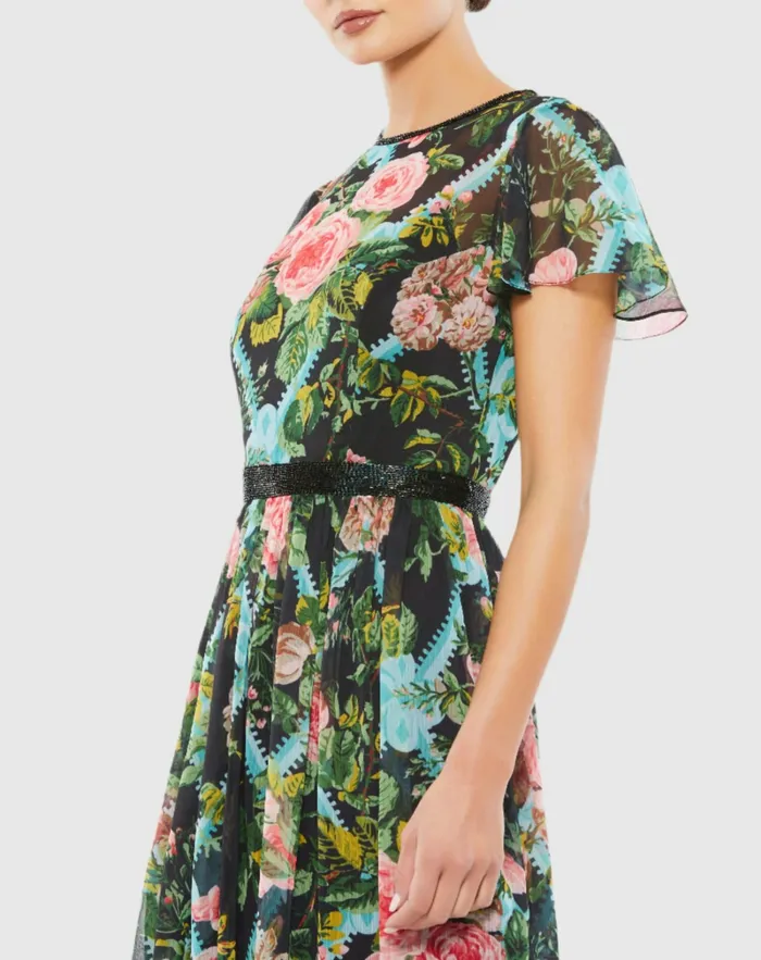 Cocktail Dresses Mac Duggal Women Floral Illusion Cap Sleeve Midi Dress Black Multi
