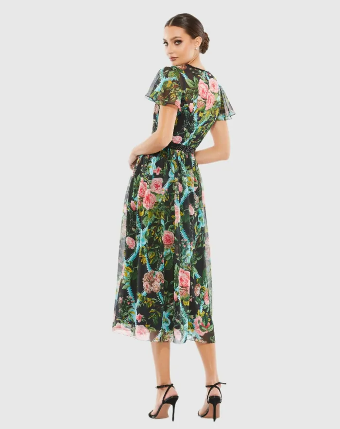 Cocktail Dresses Mac Duggal Women Floral Illusion Cap Sleeve Midi Dress Black Multi