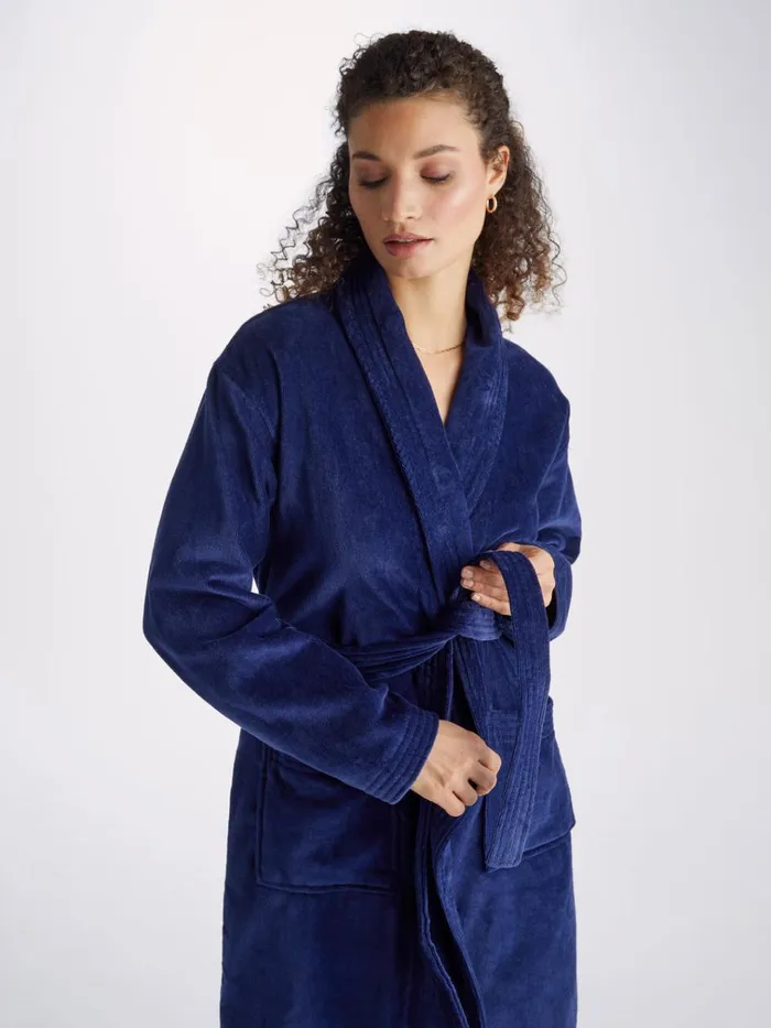 Cotton Pajamas Women Derek Rose Bathrobe Triton 10 Terry Cotton Navy