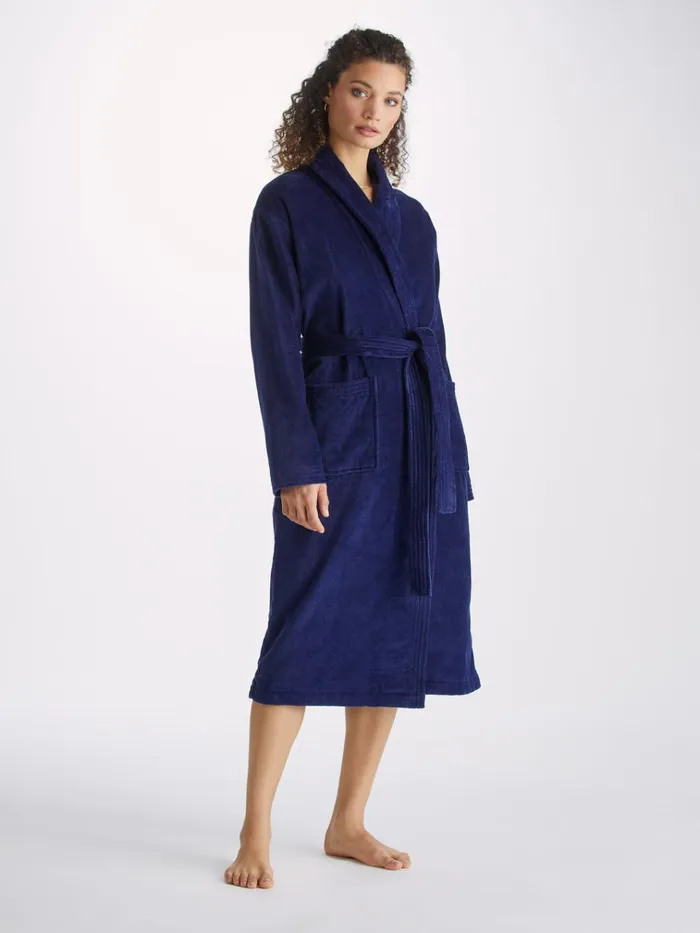 Cotton Pajamas Women Derek Rose Bathrobe Triton 10 Terry Cotton Navy