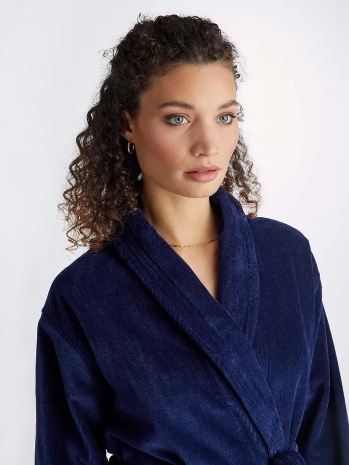 Cotton Pajamas Women Derek Rose Bathrobe Triton 10 Terry Cotton Navy