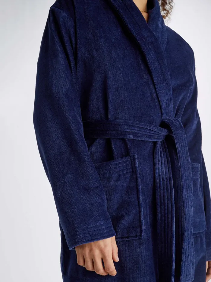 Cotton Pajamas Women Derek Rose Bathrobe Triton 10 Terry Cotton Navy