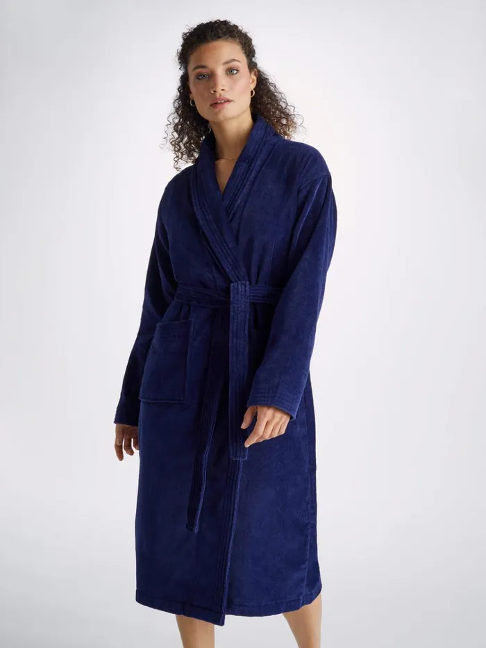 Cotton Pajamas Women Derek Rose Bathrobe Triton 10 Terry Cotton Navy