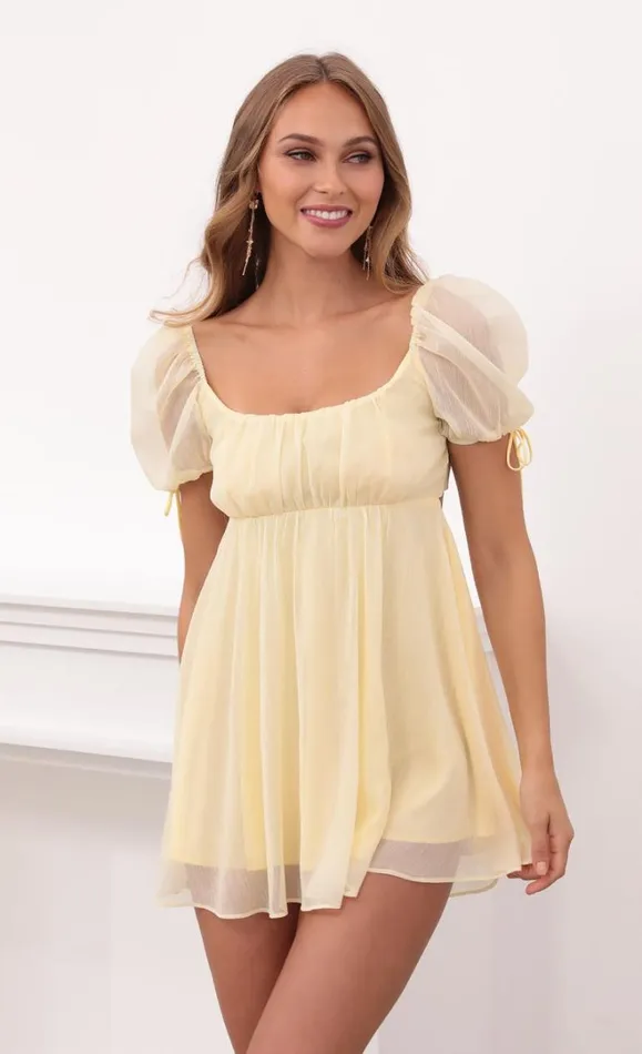 Crinkle Chiffon Baby Doll Dress Pastel Yellow Women LUCY IN THE SKY Mini Dresses
