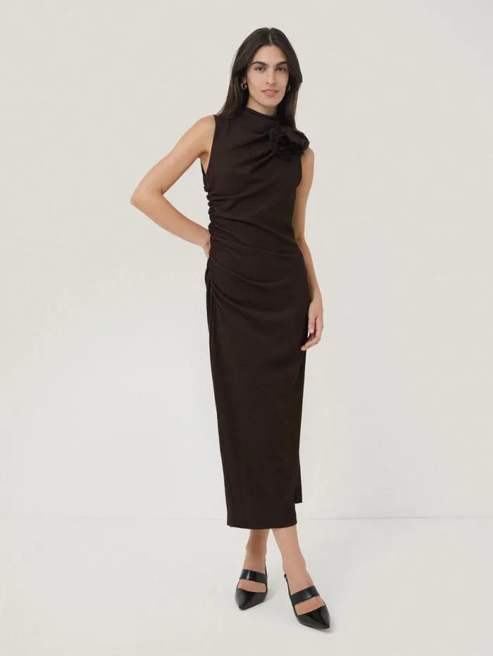 Crinkle Ruched Corsage Dress Dark Brown Women Jigsaw Party