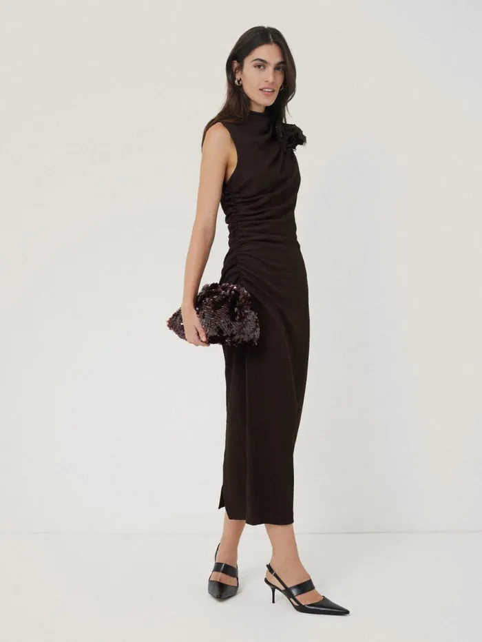 Crinkle Ruched Corsage Dress Dark Brown Women Jigsaw Party