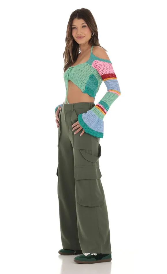 Crochet Bell Sleeve Top Multi Blue Women LUCY IN THE SKY Tops Crochet Bell Sleeve Top Multi Blue Women LUCY IN THE SKY Tops
