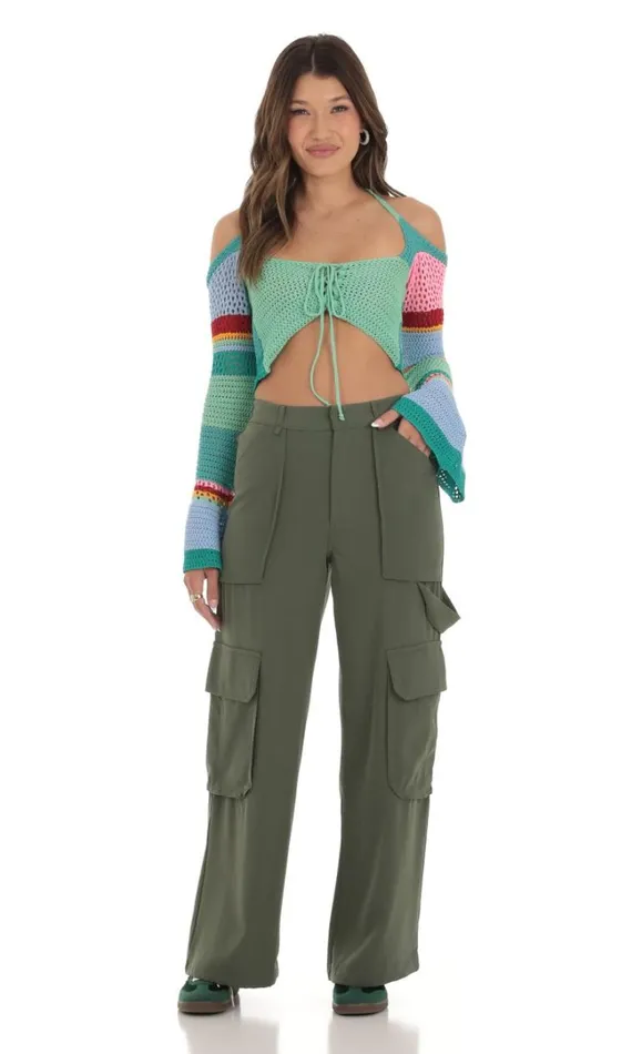 Crochet Bell Sleeve Top Multi Blue Women LUCY IN THE SKY Tops Crochet Bell Sleeve Top Multi Blue Women LUCY IN THE SKY Tops