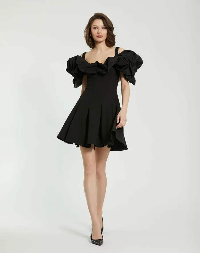 Daytime Dresses Women Crepe Godet Hem Mini Dress With Faille Ruffle Black Mac Duggal