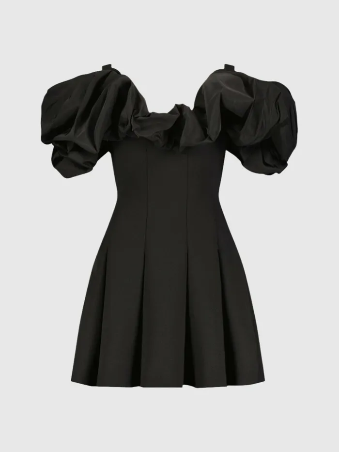Daytime Dresses Women Crepe Godet Hem Mini Dress With Faille Ruffle Black Mac Duggal