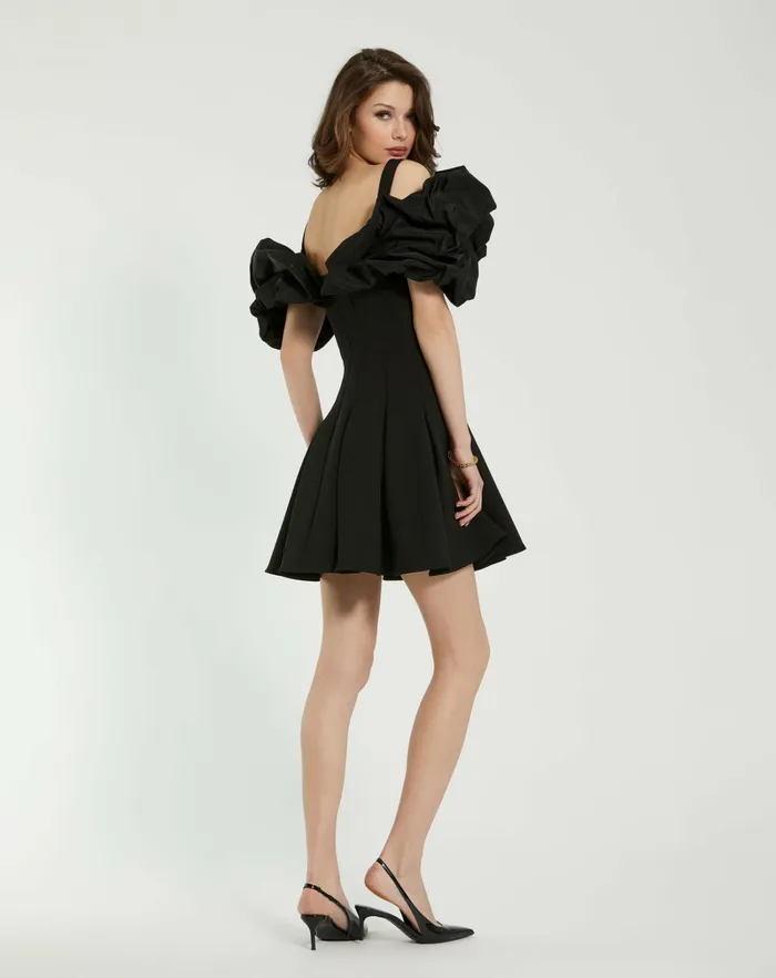 Daytime Dresses Women Crepe Godet Hem Mini Dress With Faille Ruffle Black Mac Duggal