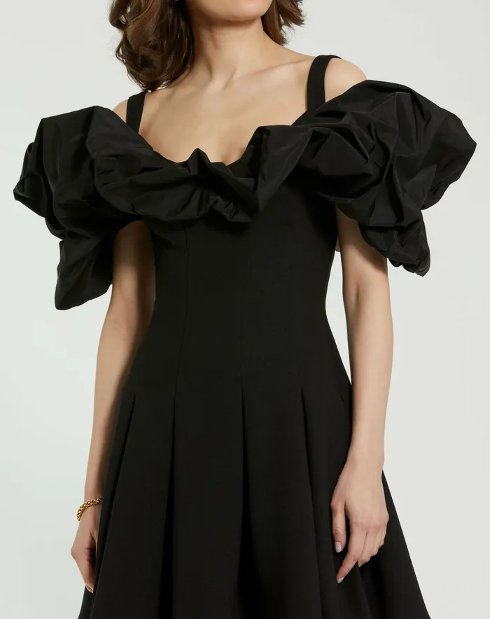 Daytime Dresses Women Crepe Godet Hem Mini Dress With Faille Ruffle Black Mac Duggal