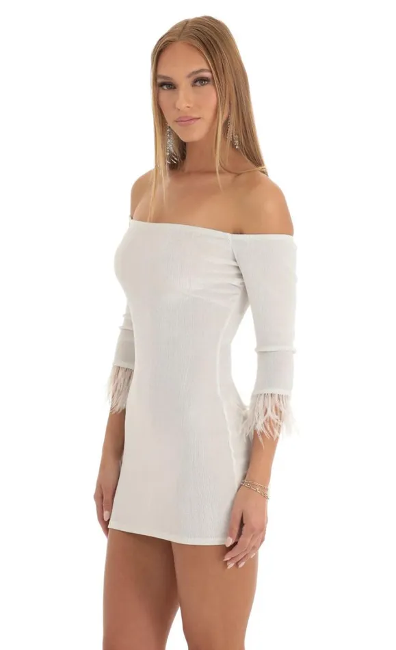 Delores Velvet Feather Off The Shoulder Dress White Women LUCY IN THE SKY Mini Dresses Delores Velvet Feather Off The Shoulder Dress White Women LUCY IN THE SKY Mini Dresses