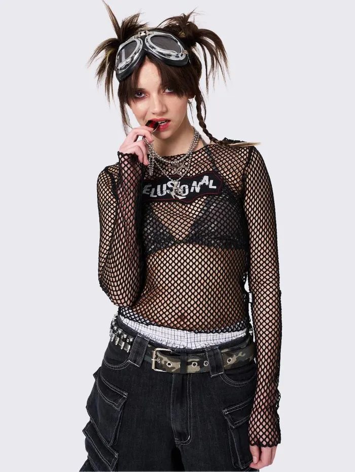 Delusional Fishnet Long Sleeve Top Women Minga London Tops and TShirts