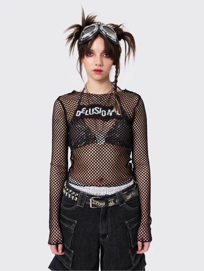 Delusional Fishnet Long Sleeve Top Women Minga London Tops and TShirts