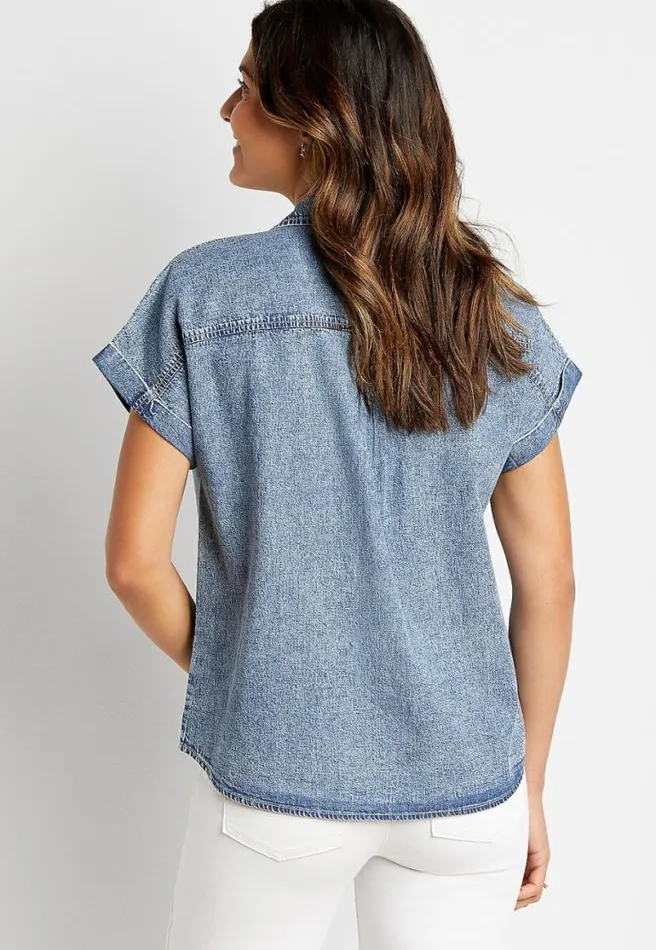 Denim Short Sleeve Utility Button Down Shirt Women Maurices Tops