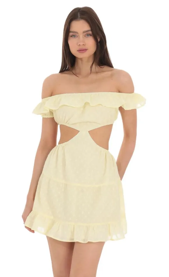Dotted Off Shoulder Cutout Dress Yellow Women LUCY IN THE SKY Mini Dresses