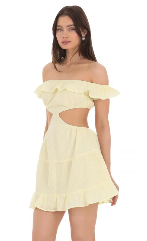 Dotted Off Shoulder Cutout Dress Yellow Women LUCY IN THE SKY Mini Dresses Dotted Off Shoulder Cutout Dress Yellow Women LUCY IN THE SKY Mini Dresses