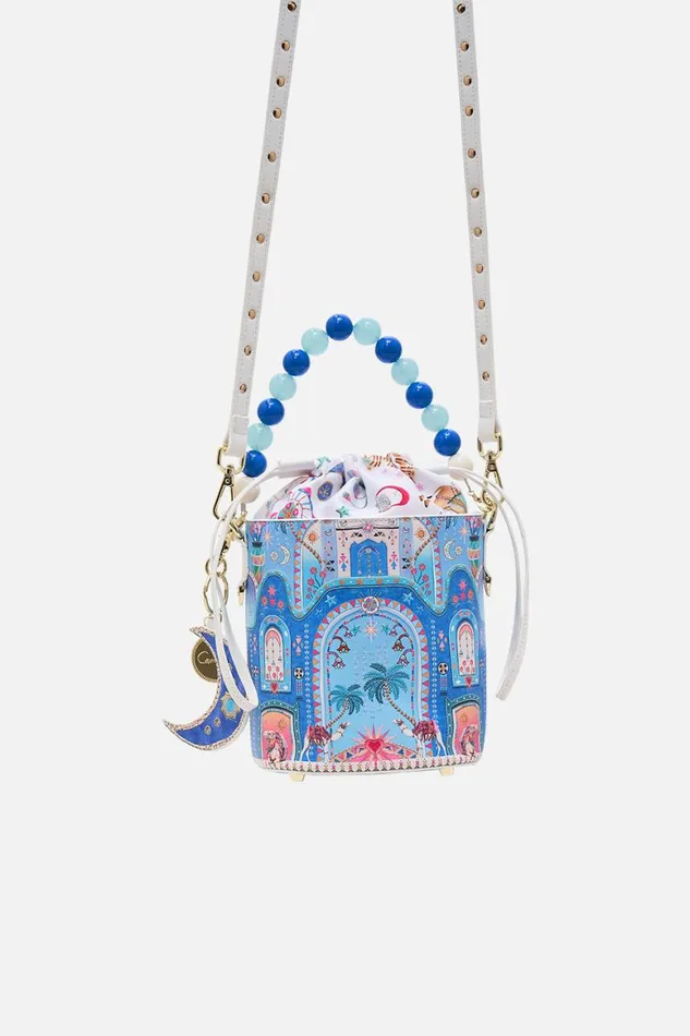 DRAWSTRING BUCKET BAG WITH BEADED HANDLE A PAINTED VILLAGE A Painted Village WomensMens Camilla Bags