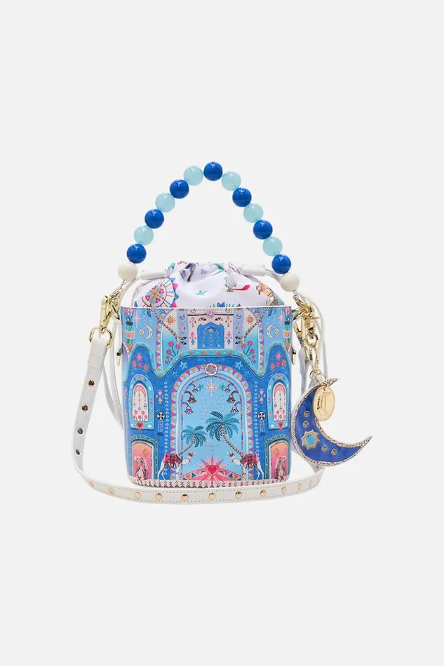 DRAWSTRING BUCKET BAG WITH BEADED HANDLE A PAINTED VILLAGE A Painted Village WomensMens Camilla Bags